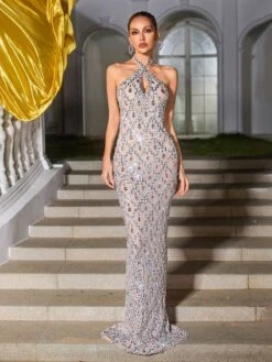 Liora Backless Sequin Crystal Maxi Dress In Nude