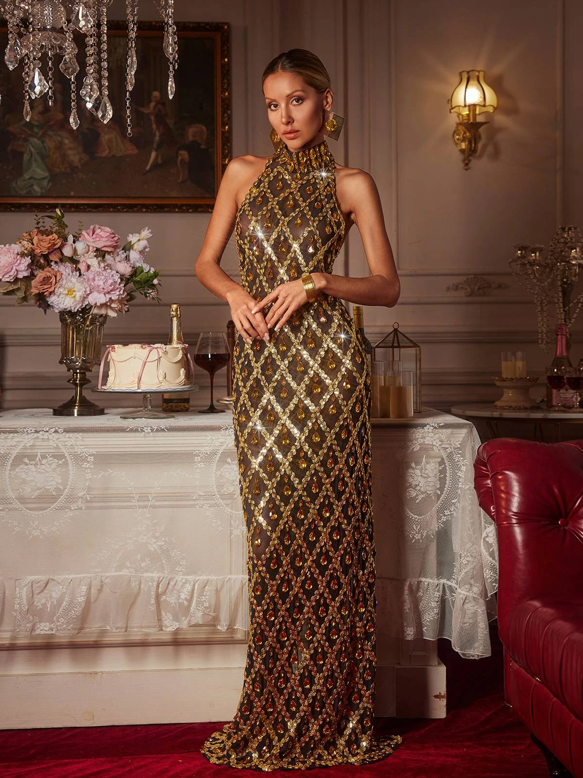 Liora Sequin Crystal Maxi Dress In Gold - Image 3