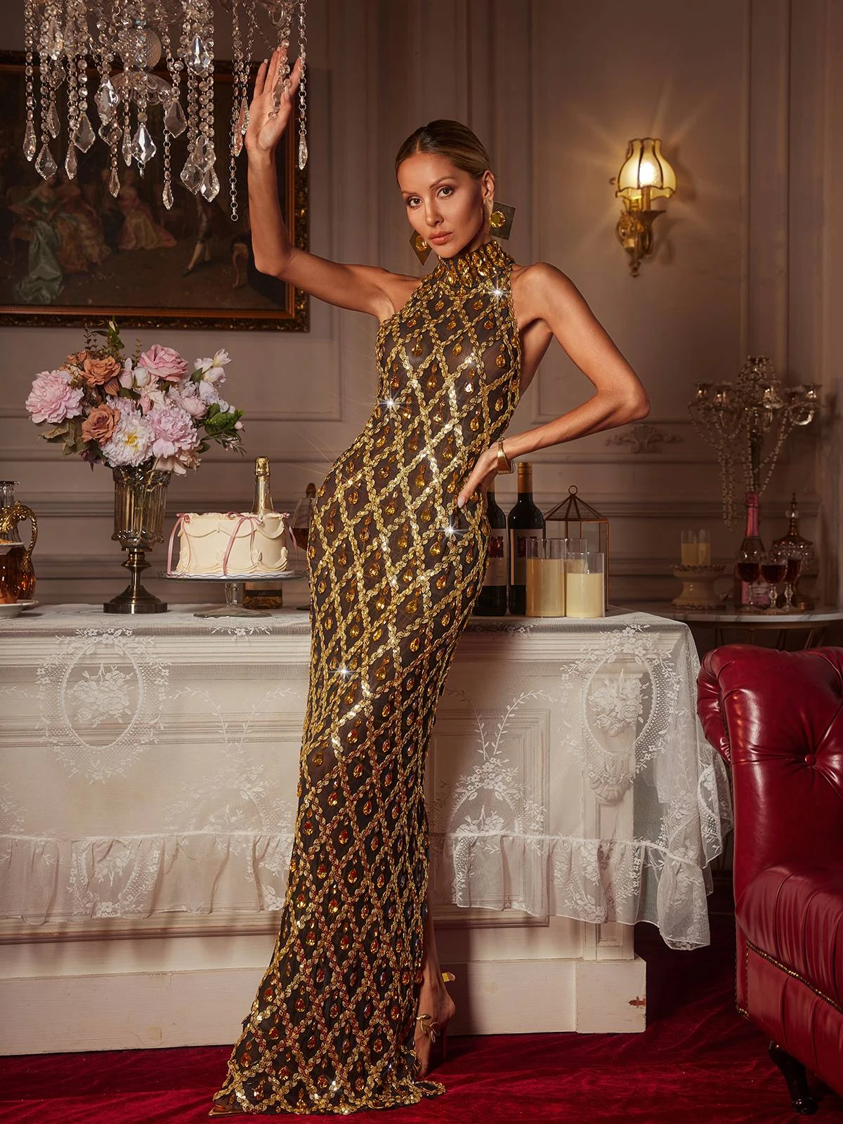 Liora Sequin Crystal Maxi Dress In Gold - Image 4