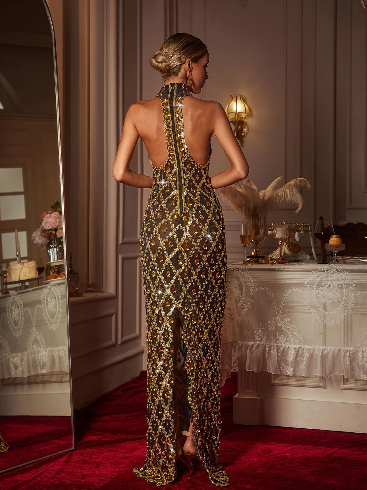 Liora Sequin Crystal Maxi Dress In Gold - Image 6