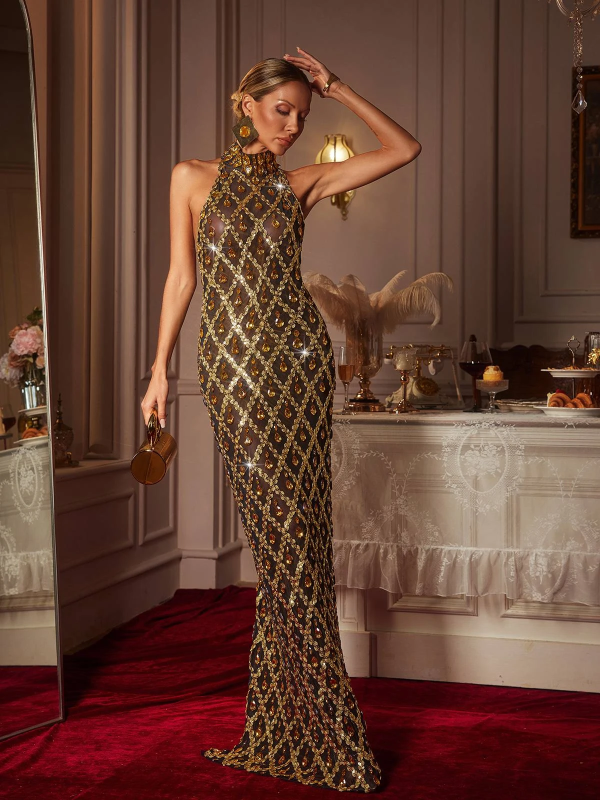 Liora Sequin Crystal Maxi Dress In Gold - Image 2