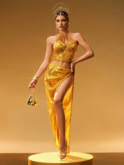 Liorah Halterneck Sequin Skirt Set In Gold