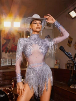 Lorvain Rhinestone Fringe Bodysuit In Silver