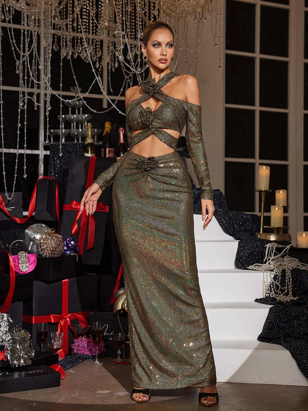 Lowen Flower Cutout Sequin Maxi Dress In Olive - Image 4