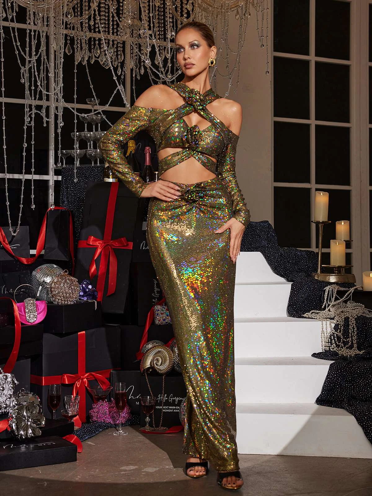 Lowen Flower Cutout Sequin Maxi Dress In Olive - Image 2