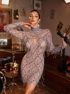 Lyrix Crystal Fringe Mesh Mini Dress