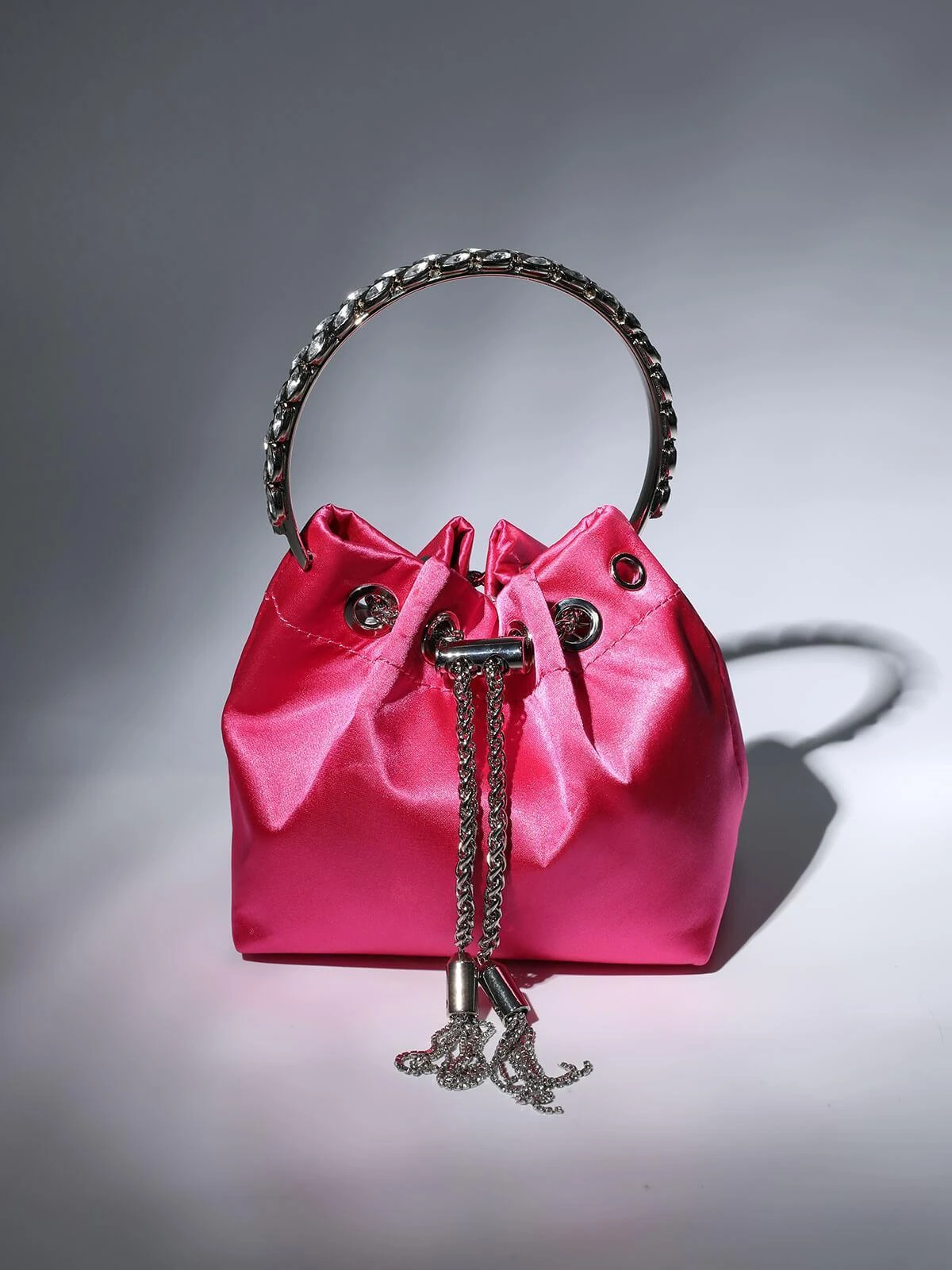 Mattea Satin Crystal Embellished Bucket Bag In Hot Pink - Image 2