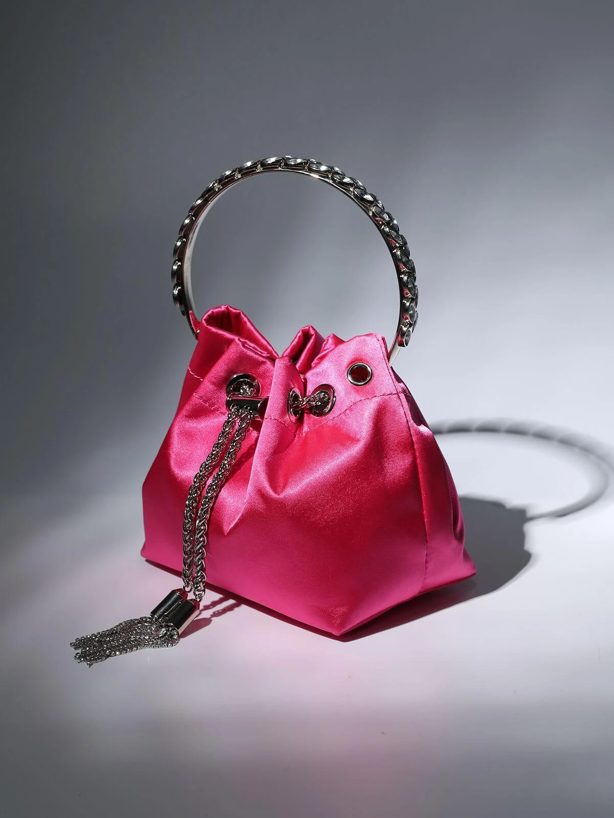 Mattea Satin Crystal Embellished Bucket Bag In Hot Pink - Image 5