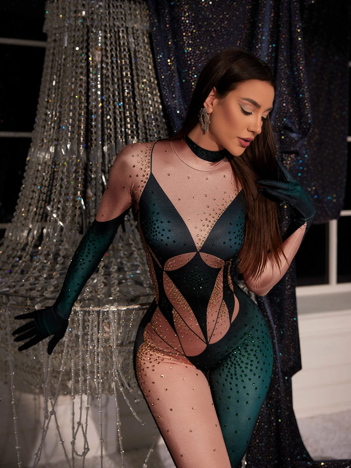 Metra Body Printed Rhinestone Gloves Jumpsuit In Green - Image 4