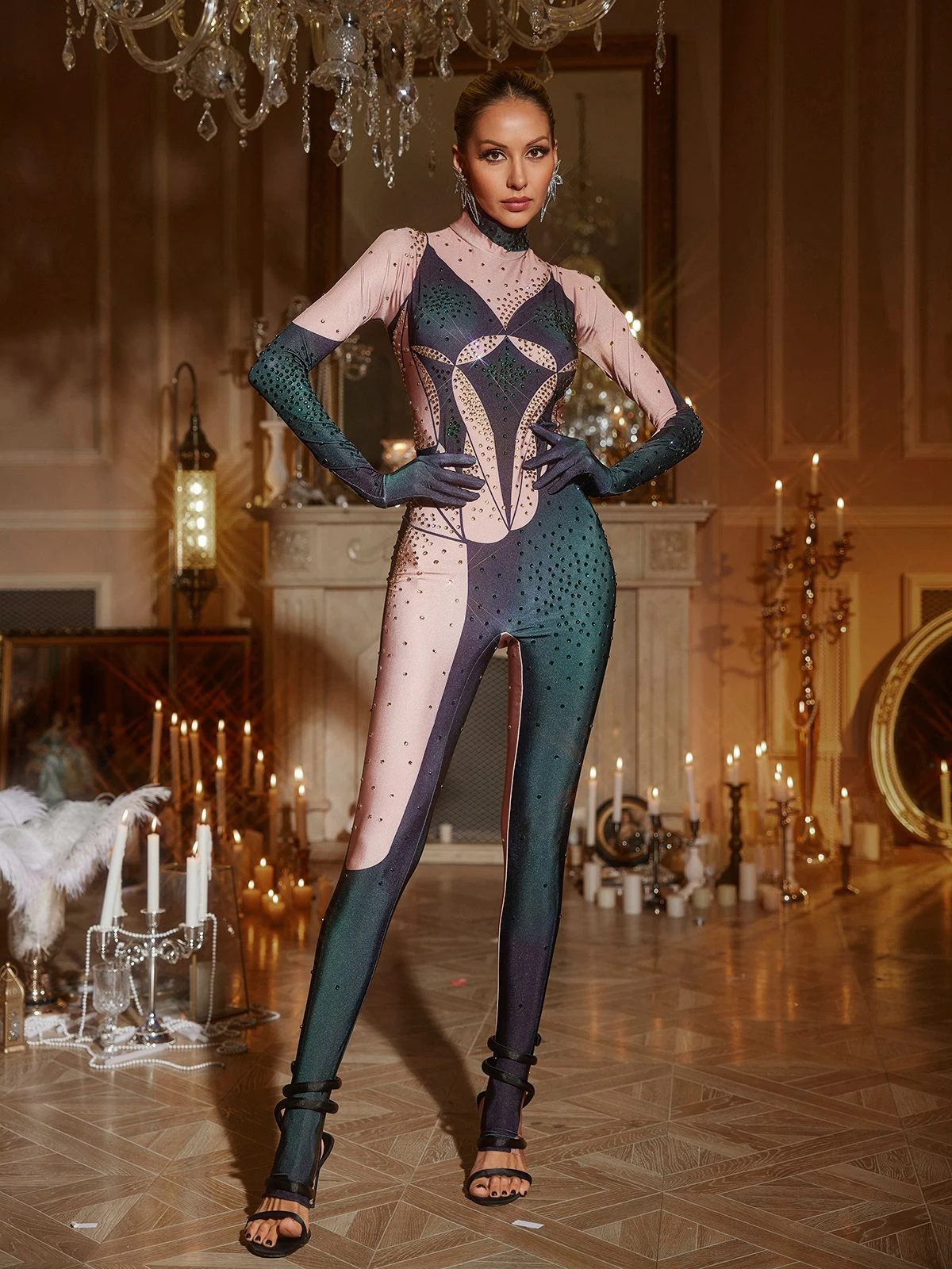 Metra Body Printed Rhinestone Gloves Jumpsuit In Green - Image 9