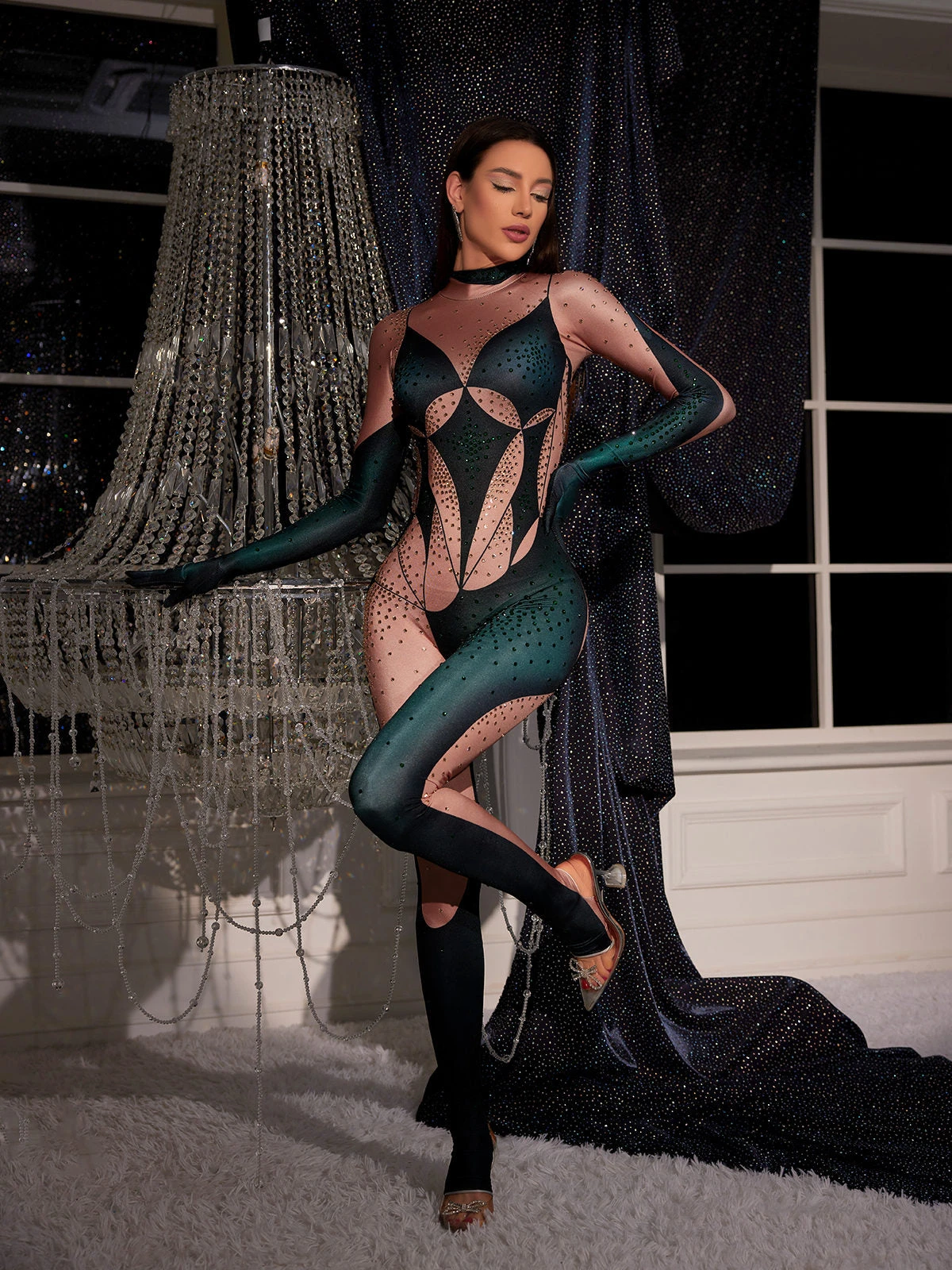 Metra Body Printed Rhinestone Gloves Jumpsuit In Green - Image 2