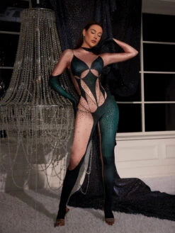 Metra Body Printed Rhinestone Gloves Jumpsuit In Green