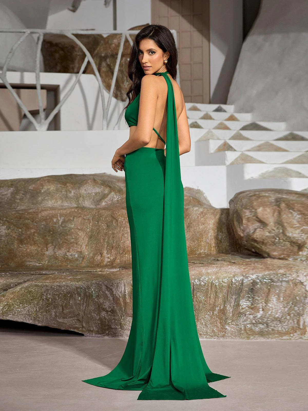 Mihi Draped Cutout Backless Maxi Dress In Green - Image 2