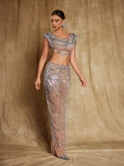 Mirri Crystal Chain Wrapped Mesh Skirt Set