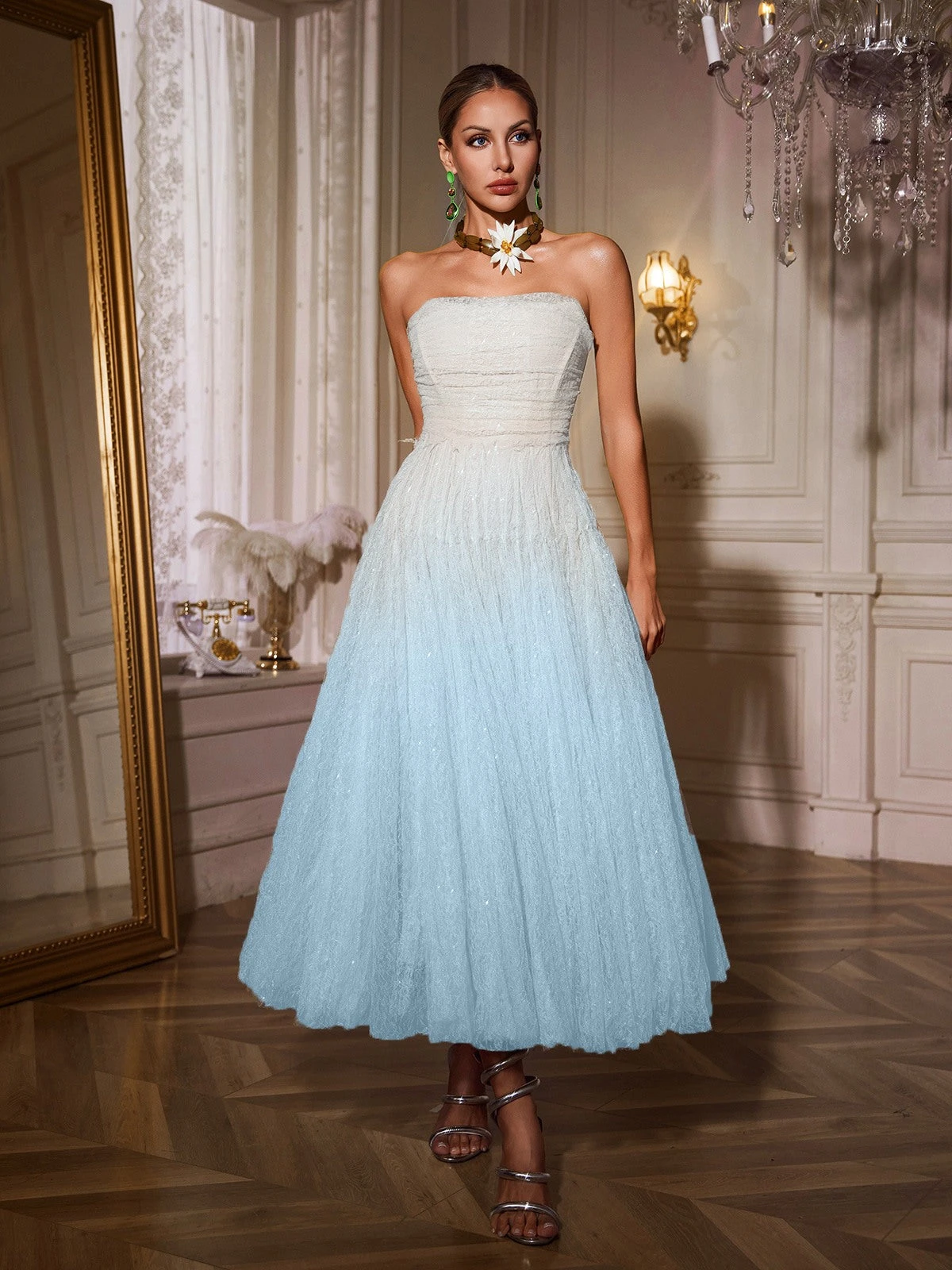 Nakia Strapless Ruched Mesh Midi Dress In Blue - Image 3