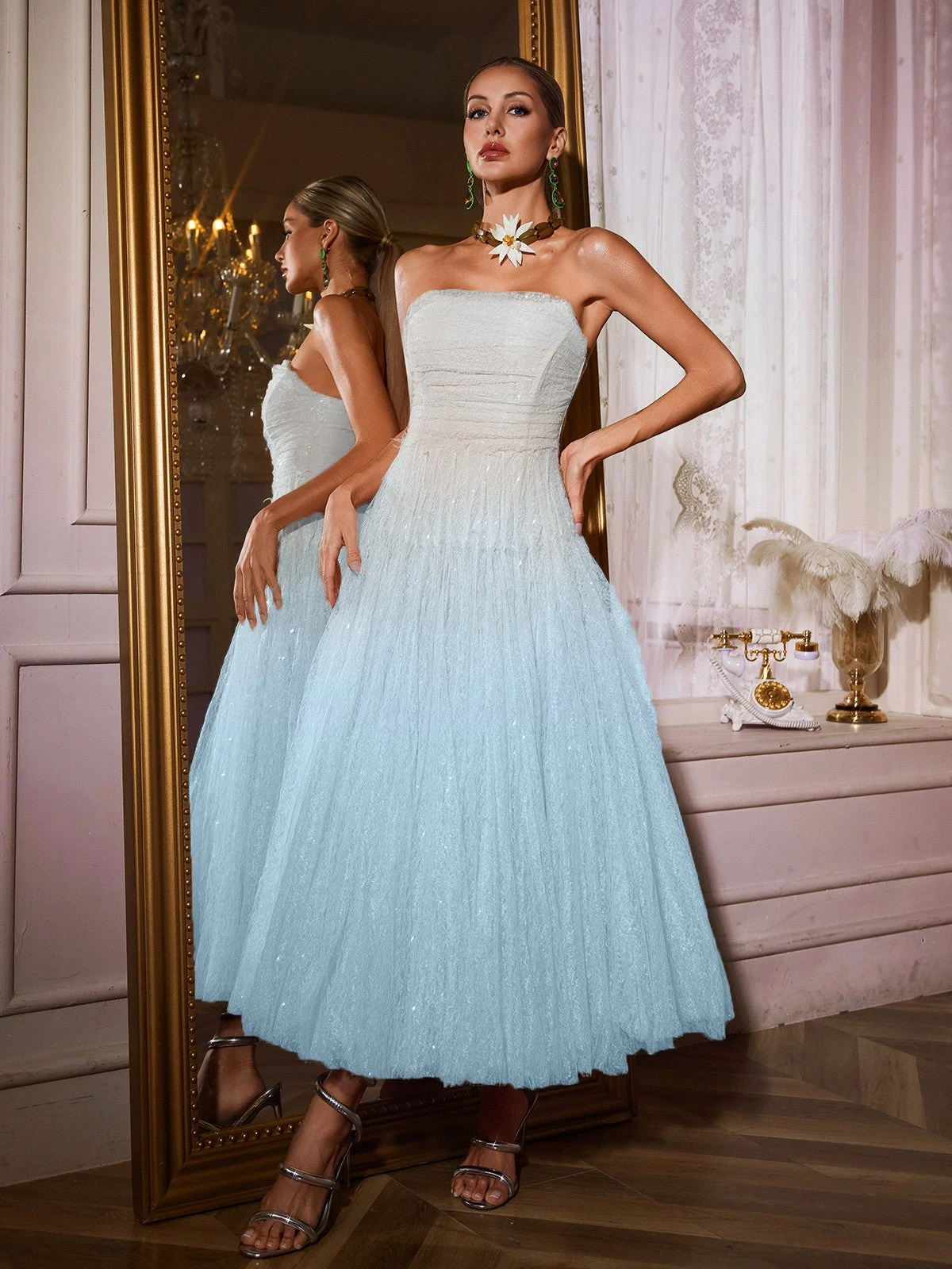 Nakia Strapless Ruched Mesh Midi Dress In Blue - Image 2