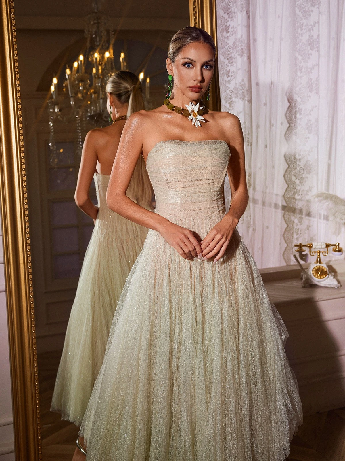 Nakia Strapless Ruched Mesh Midi Dress In Green - Image 3