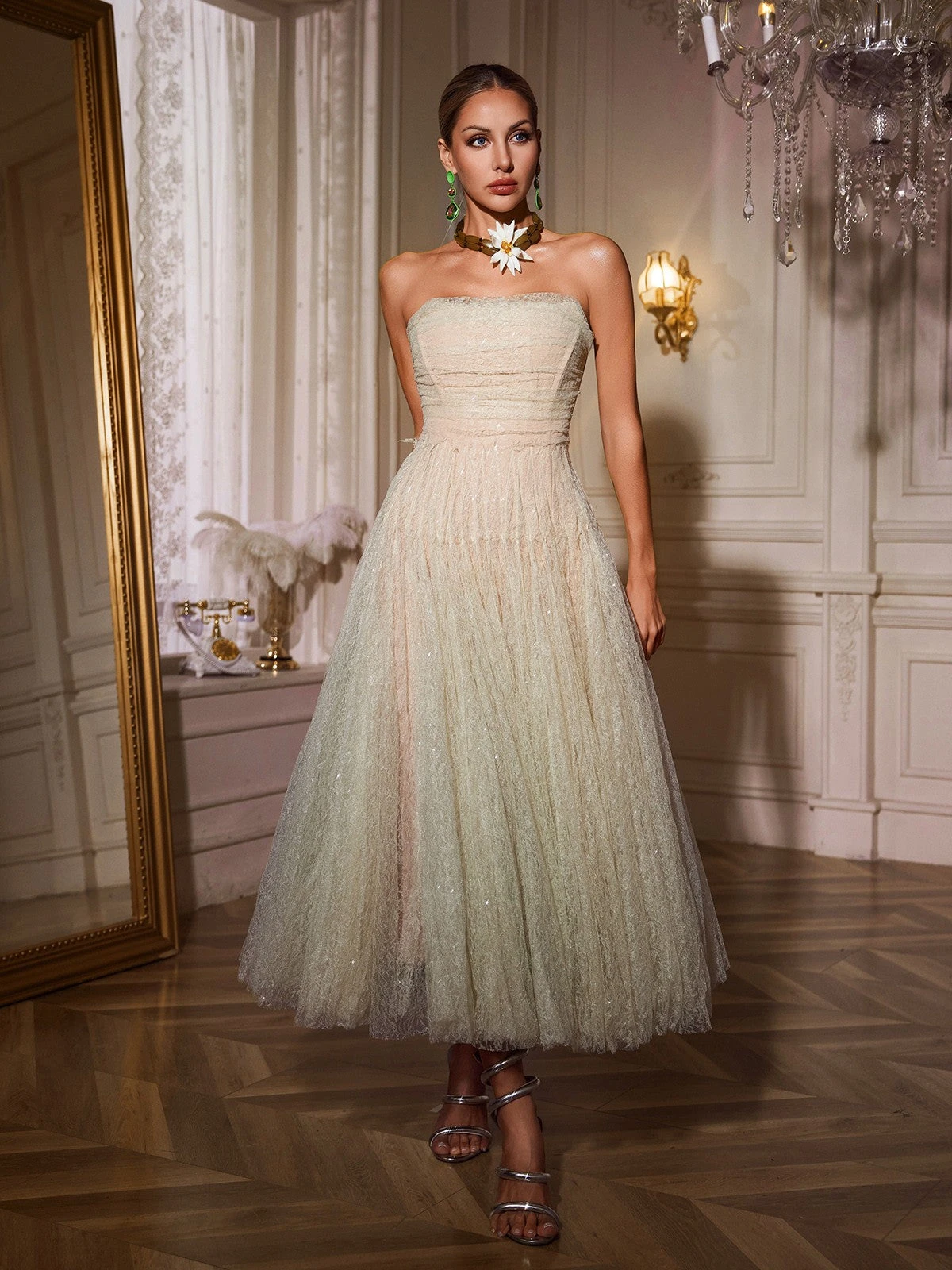 Nakia Strapless Ruched Mesh Midi Dress In Green - Image 2