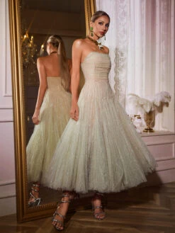 Nakia Strapless Ruched Mesh Midi Dress In Green