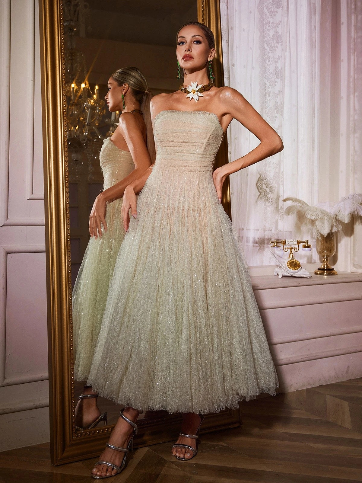 Nakia Strapless Ruched Mesh Midi Dress In Green - Image 5