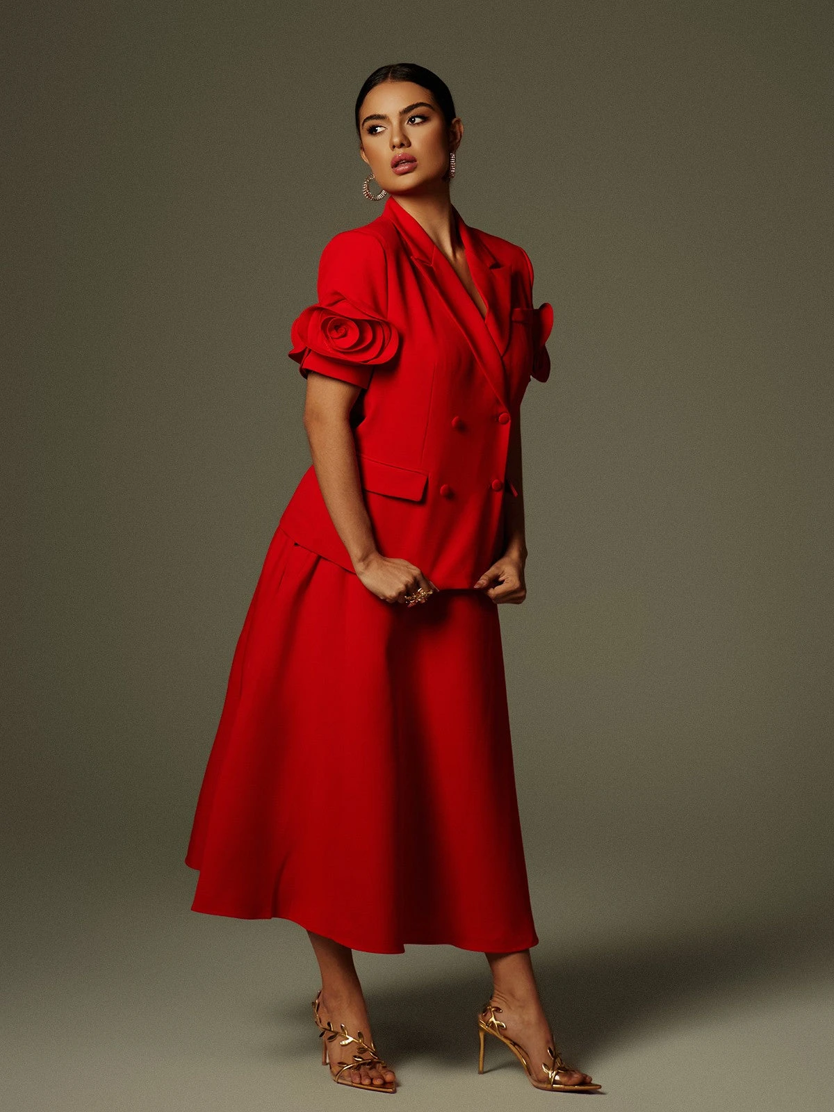 Naniel Short Sleeve Button Up Flower Blazer Set - Image 5