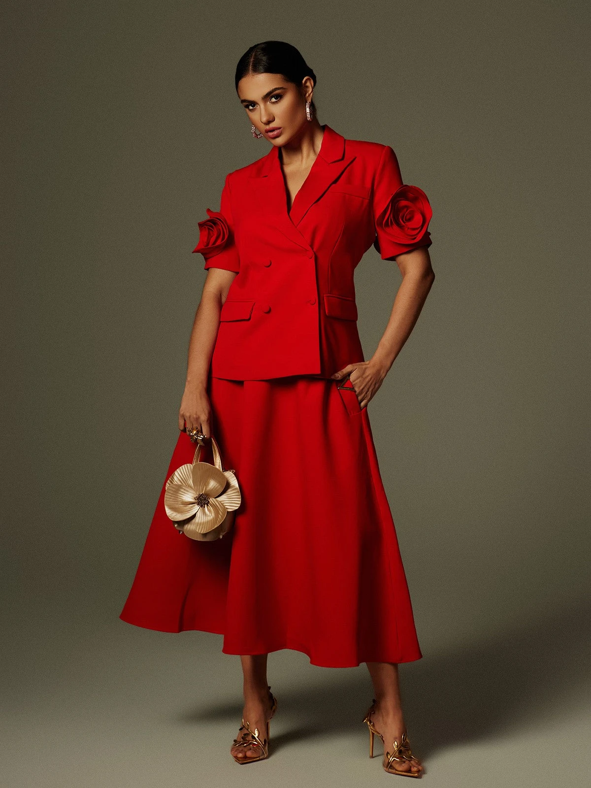 Naniel Short Sleeve Button Up Flower Blazer Set - Image 3