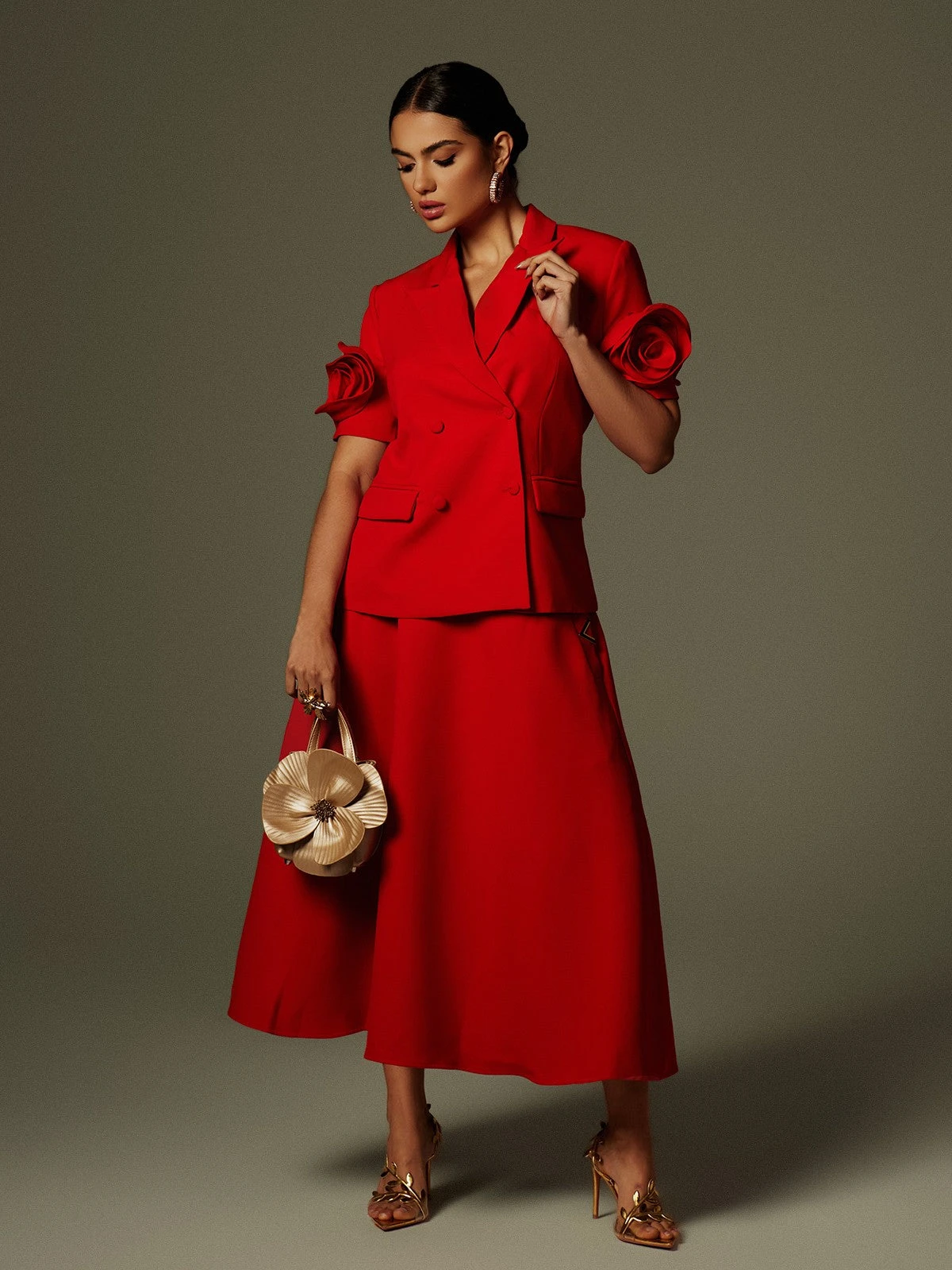 Naniel Short Sleeve Button Up Flower Blazer Set