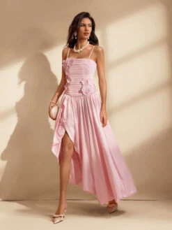 Nefret Spaghetti Flower Maxi Dress In Pink