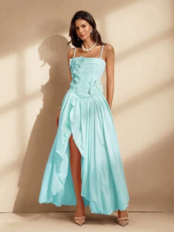 Nefret Spaghetti Flower Maxi Dress In Mint