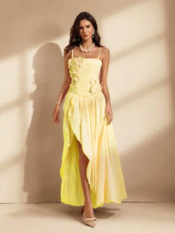 Nefret Spaghetti Flower Maxi Dress In Yellow