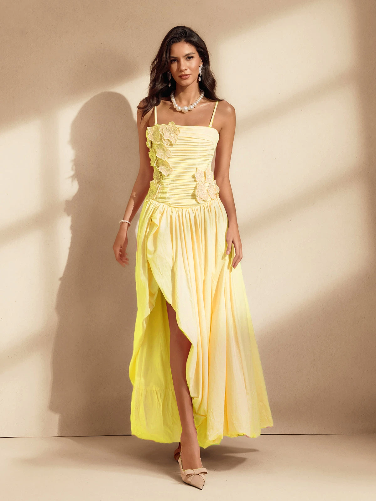 Nefret Spaghetti Flower Maxi Dress In Yellow