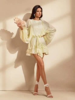 Nekoda Balloon Sleeve Ruffle Mini Dress In Apricot