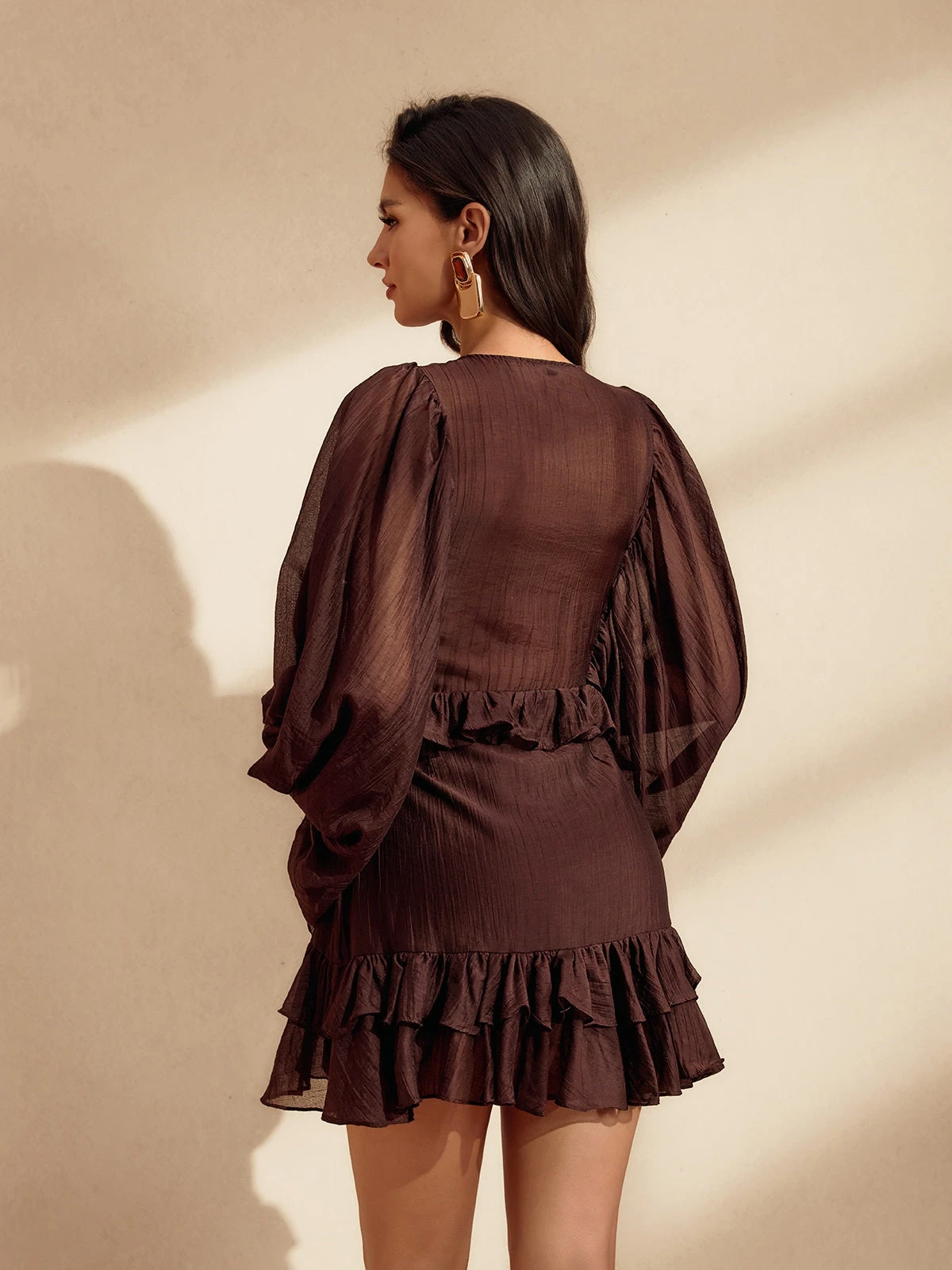 Nekoda Balloon Sleeve Ruffle Mini Dress In Coffee - Image 6