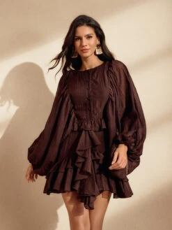 Nekoda Balloon Sleeve Ruffle Mini Dress In Coffee