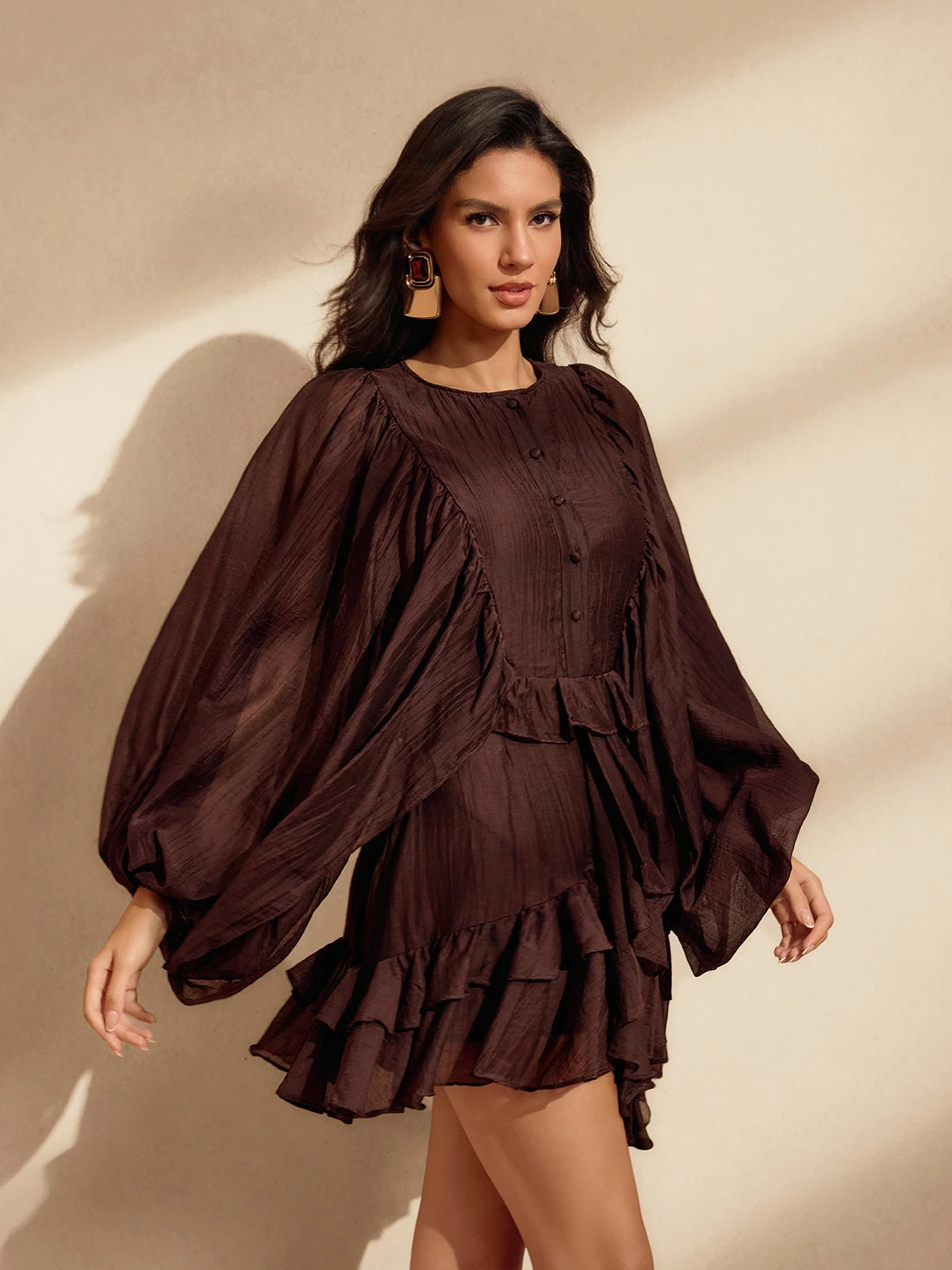 Nekoda Balloon Sleeve Ruffle Mini Dress In Coffee - Image 2