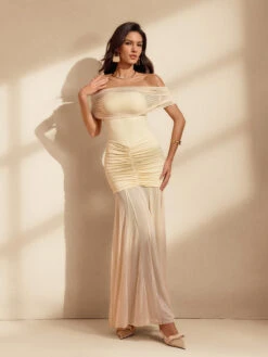 Netia Off Shoulder Ruched Maxi Dress In Apricot