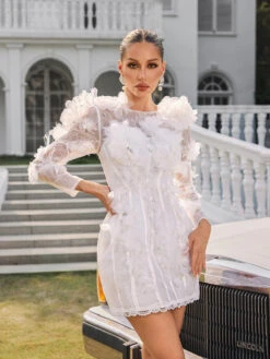 Nexara Long Sleeve Flower Trimmed Mini Dress