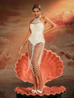 Nicola Halterneck Pearl Fringe Maxi Dress