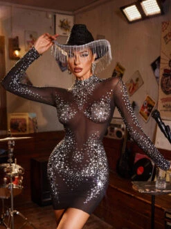 Nyrviel Long Sleeve Rhinestone Mesh Mini Dress