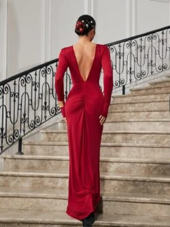 Ofir V Neck Ruched Maxi Dress In Wine