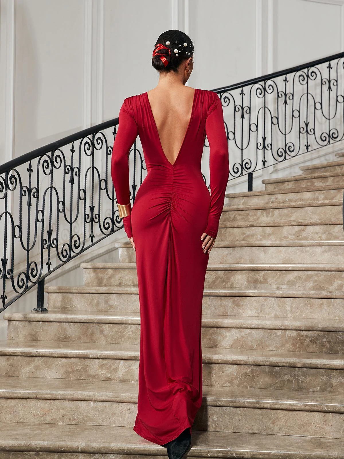 Ofir V Neck Ruched Maxi Dress In Wine