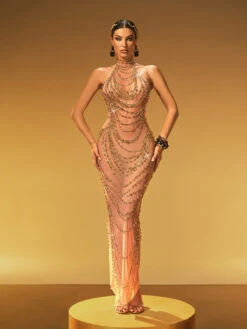 Olisa Halterneck Rhinestone Maxi Dress In Gold