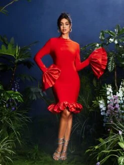 Omiros Flounce Sleeve Bandage Midi Dress