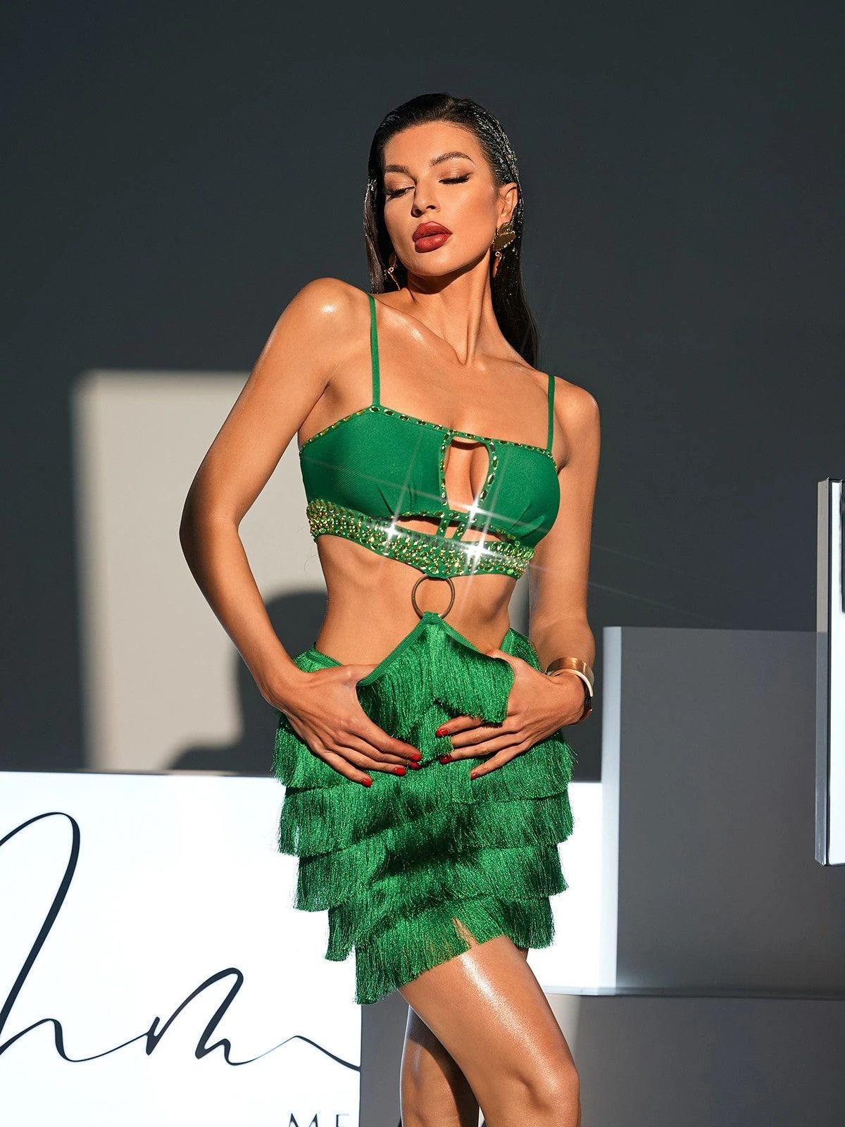 Osiris Rhinestone Cutout Fringe Bandage Dress In Green - Image 2