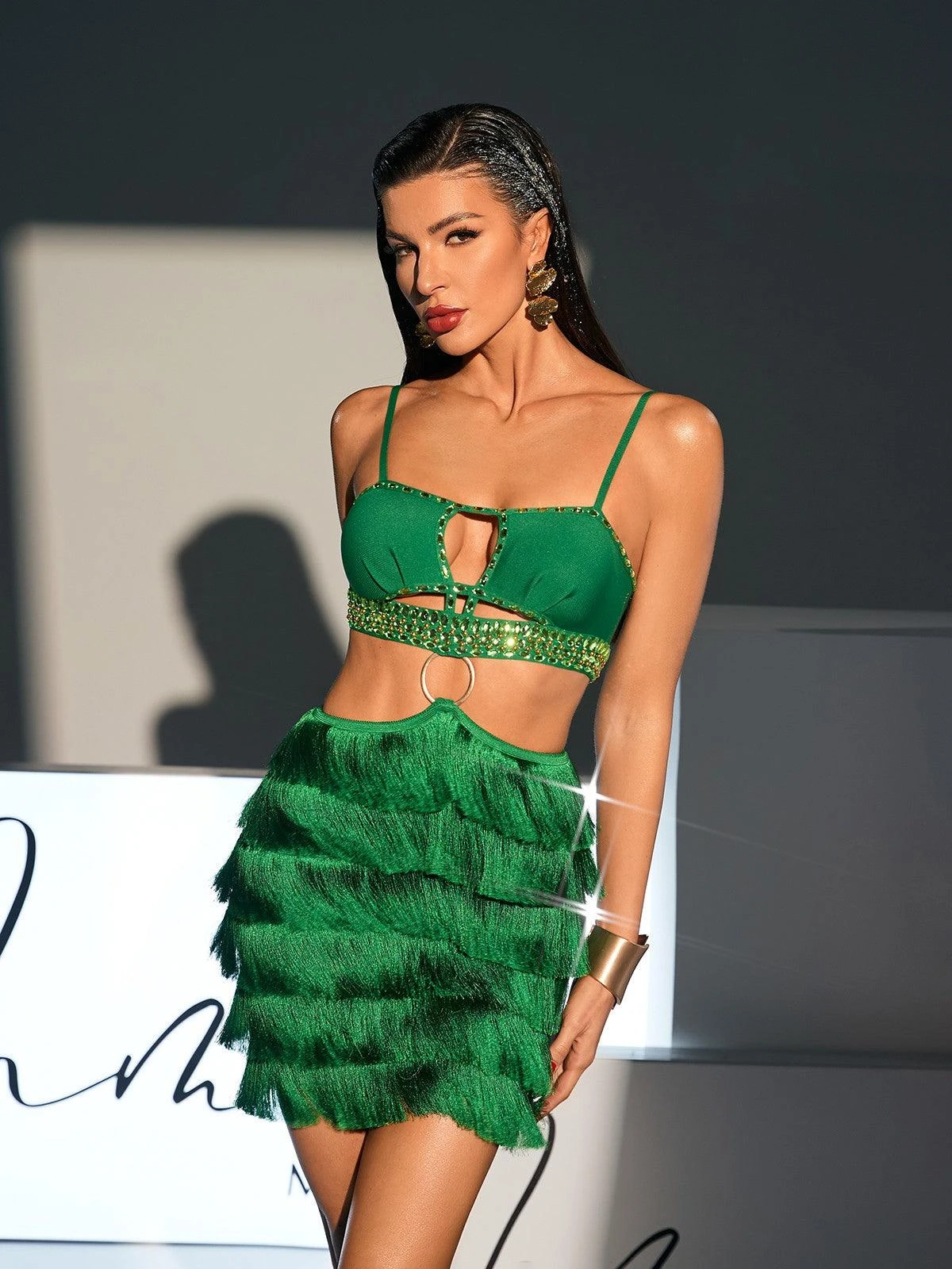 Osiris Rhinestone Cutout Fringe Bandage Dress In Green