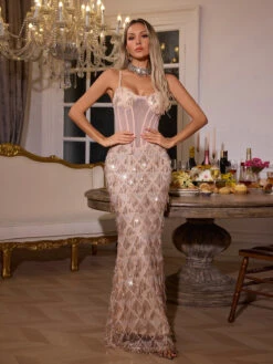 Ottis Sequin Fringe Maxi Dress In Apricot