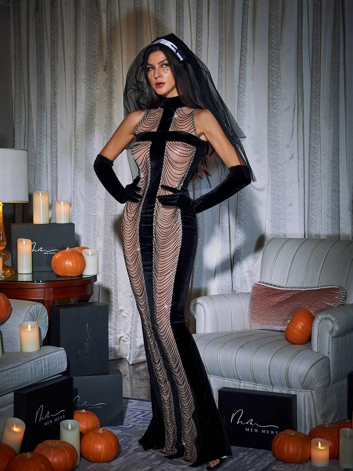 Pablo High Neck Chain Fringe Maxi Dress With Gloves In Black - Image 5