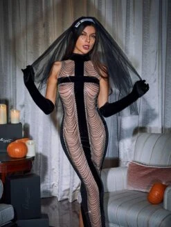 Pablo High Neck Chain Fringe Maxi Dress With Gloves In Black