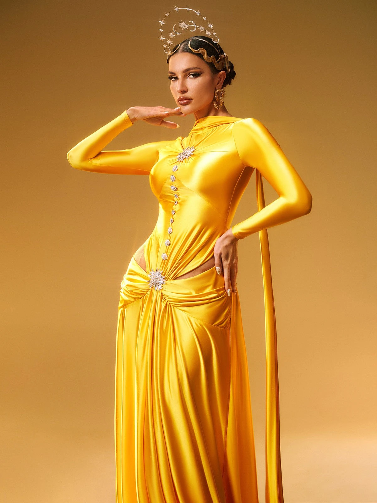 Panya Long Sleeve Crystal Satin Maxi Dress - Image 5