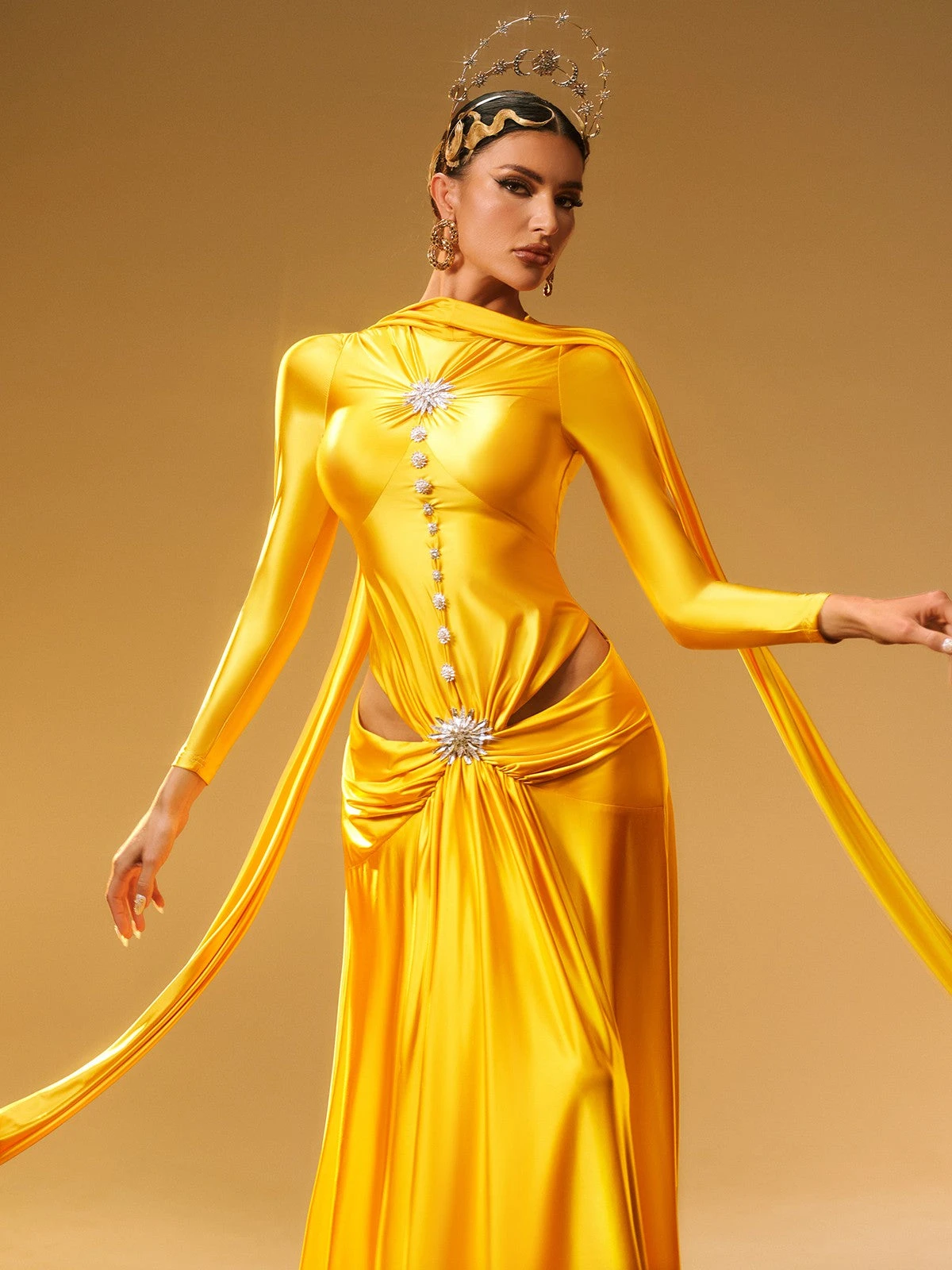 Panya Long Sleeve Crystal Satin Maxi Dress - Image 2